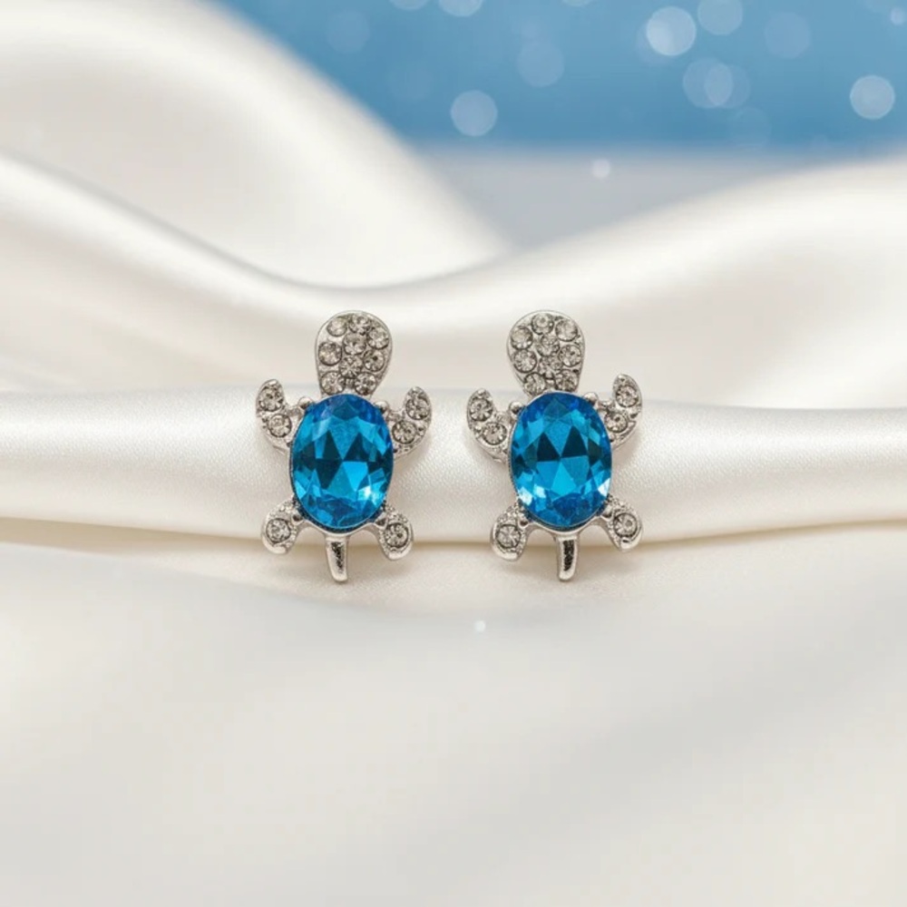 Blue Crystal Turtle Stud Earrings